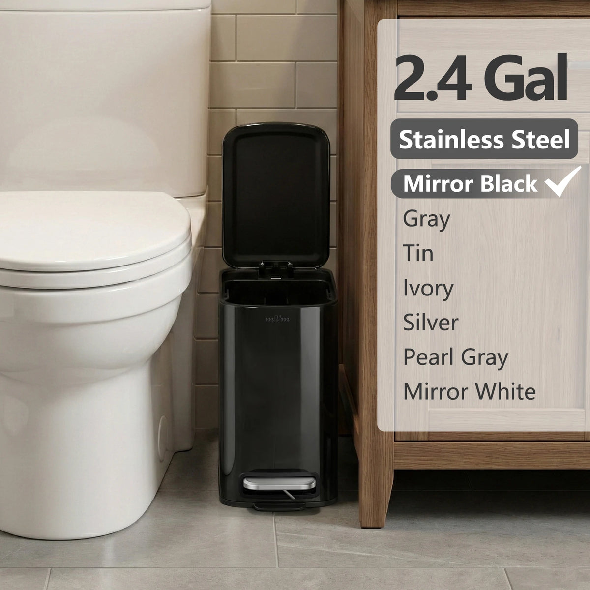 mVm Manual Opening Trash Can with Lid, 9-Liter Capacity, Slim and Stylish, Stainless Steel Material, Waterproof, Stain-Resistant